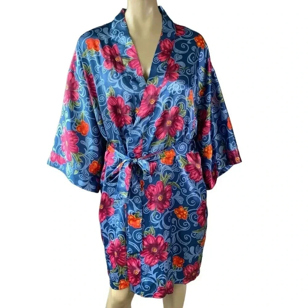 Erika Taylor Vintage Short Kimono Robe Floral Satin Sleepwear Size M Tie Waist